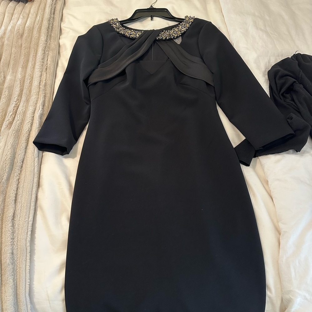 Theia Black Long Sleeve Dress with Embellished Neckline